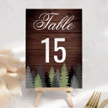 Numéro De Table Pine Trees Bois rustique Mariage d'hiver<br><div class="desc">Numéros de table rustiques avec de beaux pins à typographie moderne contre un arrière - plan de grange.</div>