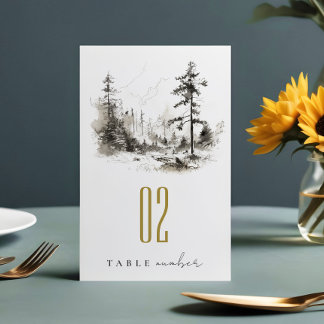 Numéro De Table Pine Woods Mountain Paysage Mariage de croquis