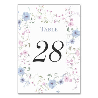 Numéro De Table Pink & Dusty Blue Watercolor Floral Wedding