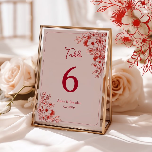 Numéro De Table Pink Red Floral Wedding (Créateur téléchargé)