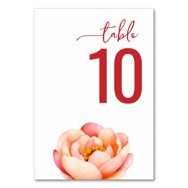 Numéro De Table Pivoine Sérénité Rouge Aquarelle (Par défaut)