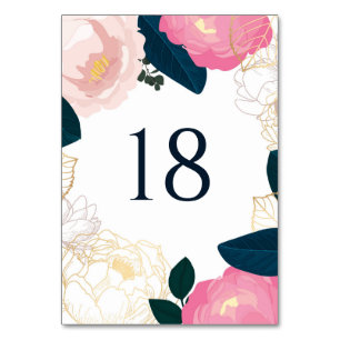 Numéro De Table Pivoines roses modernes avec feuille d'or bleu mar