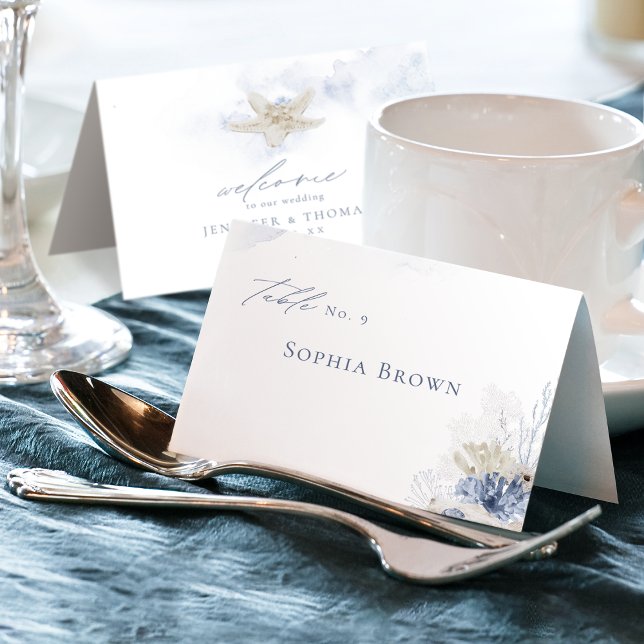 Numéro De Table Plage de corail et coquillages d'aquarelle bleu Ma (Blue watercolor coral & seashells beach Wedding Table Number)