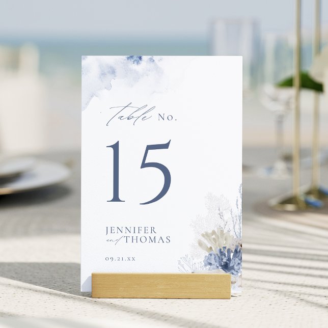 Numéro De Table Plage de corail et coquillages d'aquarelle bleu Ma (Blue watercolor coral & seashells beach Wedding Table Number)