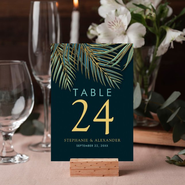 Numéro De Table Plage moderne Palm Gold Turquoise Mariage tropical (Modern teal palm frond tropical table number for your reception decor features minimalistic design.)