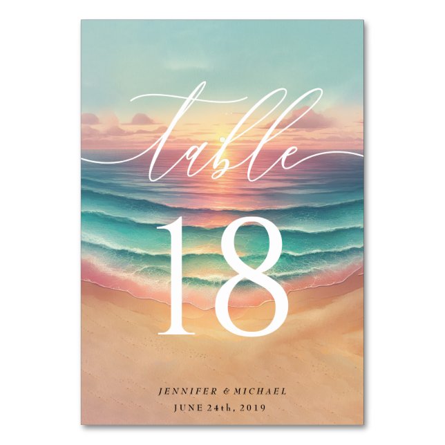 Numéro De Table Plage Rose Verte Été Soleil Sable Aquarelle (Par défaut)