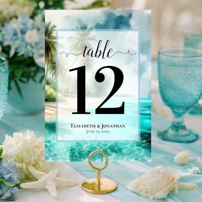 Numéro De Table Plage Tropicale avec Palmiers Mariage Élégant (Each Number must be customized individually)