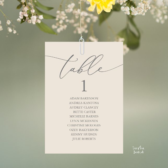 Numéro De Table Plan de table de mariage élégant crème gris (Elegant Wedding Dinner Table Hanging Seating Chart Card, with Table Number Guest Names Cream Grey)