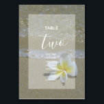 Numéro De Table Plumeria Frangipani Sur Sable Mariages Nom<br><div class="desc">Cette décoration de plage présente une fleur frangipani/plumeria jaune et blanc sur le sable. Fleur jaune et blanc avec arrière - plan de plage élégamment encadré d'un simple arrière - plan blanc opaque. Cette fleur hawaïenne tropicale populaire est idéale pour un mariage de plage de destination. Design élégant de table...</div>