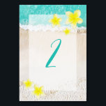 Numéro De Table Plumeria jaune Frangipani Plage tropicale Mariage<br><div class="desc">Ce design présente des fleurs frangipani/plumeria jaunes sur un arrière - plan de plage tropical. Un design tropical élégamment encadré de fleurs frangipanières jaunes et de formulation centrée. Le numéro du tableau est mis en valeur par une couleur turquoise choisie dans l'eau de l'océan. Ces fleurs tropicales populaires d'Hawaii sont...</div>