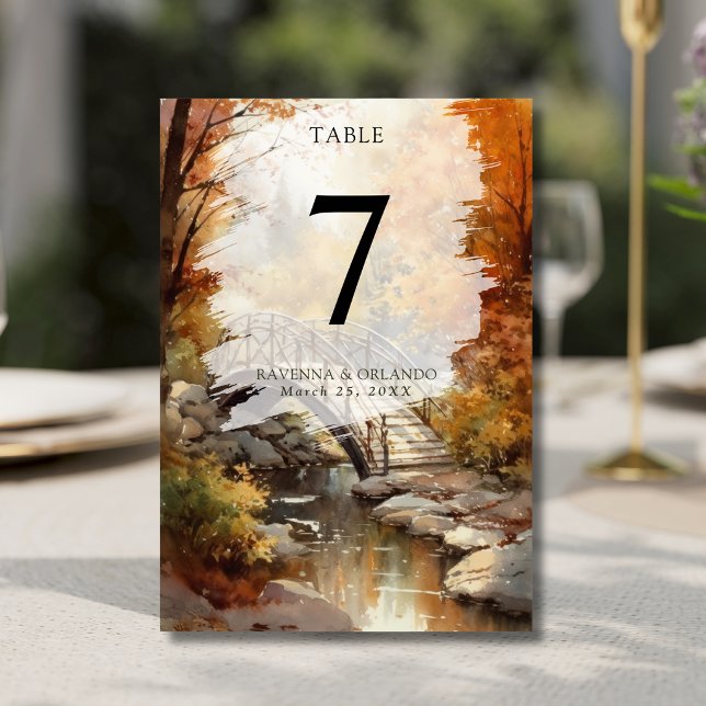 Numéro De Table Pont de mariage d'automne à l'aquarelle en bois (Créateur téléchargé)