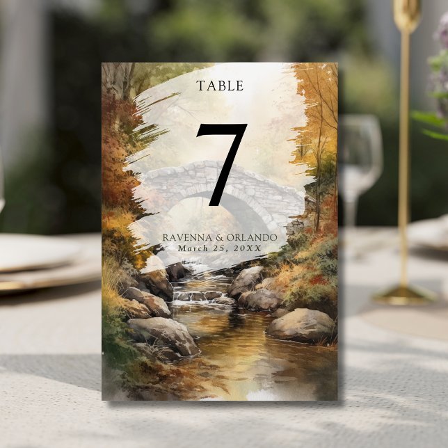 Numéro De Table Pont de pierre rivière feuilles automne mariage (Créateur téléchargé)