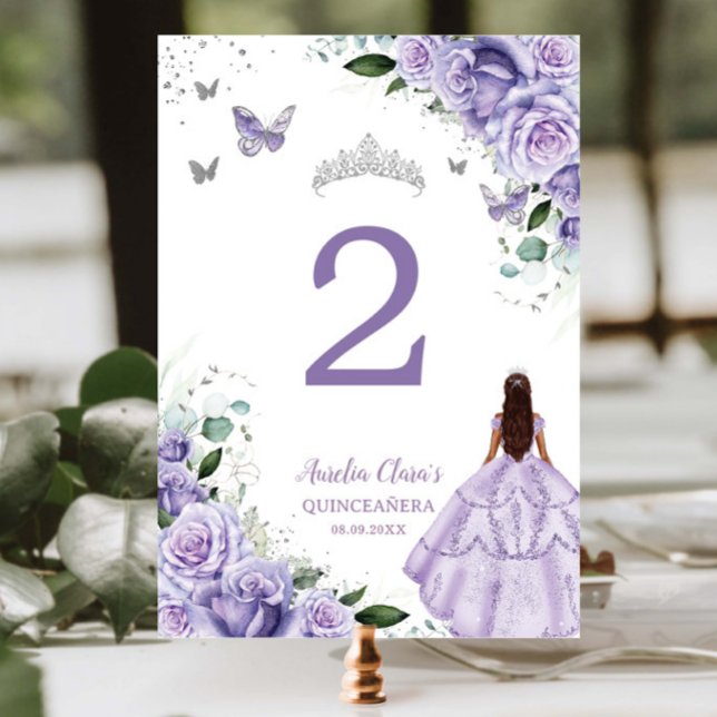 Numéro De Table Princesse Fleurie Violette Argentée Quinceañera XV (Créateur téléchargé)
