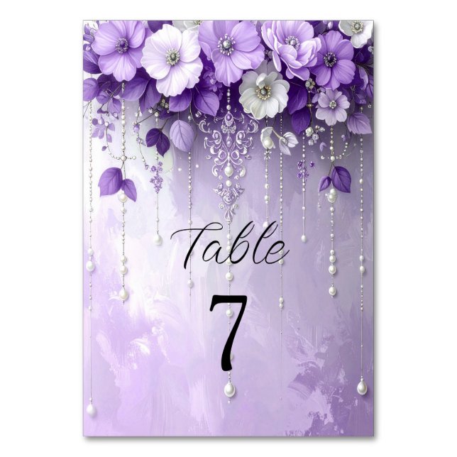 Numéro De Table Purple Flowers with Dangling Pearls Table Number (Par défaut)