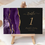 Numéro De Table Purple Gold Agate Mariage foncé<br><div class="desc">Le bord gauche de cette élégante carte de numéro de table mariage moderne comporte une bordure d'aquarelle violette ornée d'une parties scintillant en faux or. Le texte personnalisable combine écriture manuscrite couleur or,  et polices italique et cuivre sur un arrière - plan non noir.</div>
