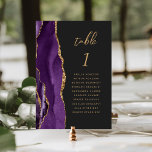 Numéro De Table Purple Gold Agate Mariage foncé<br><div class="desc">Le bord gauche de cette élégante carte de numéro de table de mariage est doté d'une bordure d'aquarelle violette ornée d'une parties scintillant en faux or. Le mot "table" apparaît dans un script d'écriture moderne couleur or sur un arrière - plan noir en ardoise foncée. Ajoutez les noms de vos...</div>
