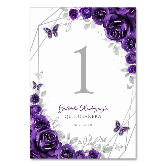 Numéro De Table Purple Silver Floral Quinceanera (Par défaut)