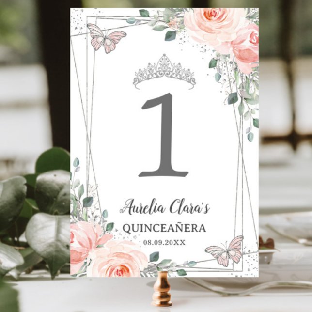 Numéro De Table Quinceañera Anniversaire Papillons Floraux Roses (Créateur téléchargé)