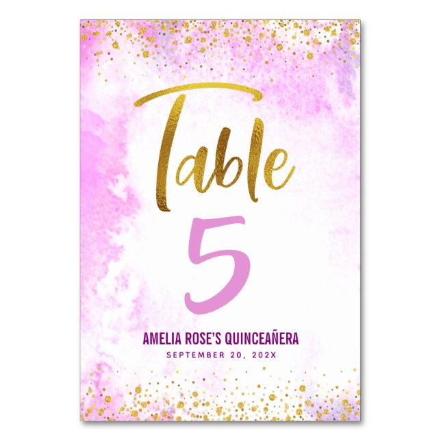 Numéro De Table Quinceañera Aquarelle rose or Parties scintillant  (Par défaut)