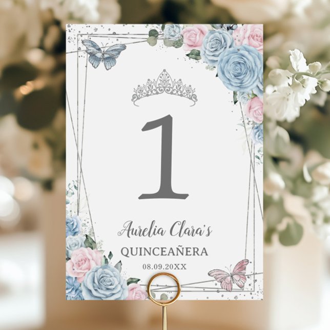 Numéro De Table Quinceañera Birthday Baby Blue Soft Pink Floral (Créateur téléchargé)