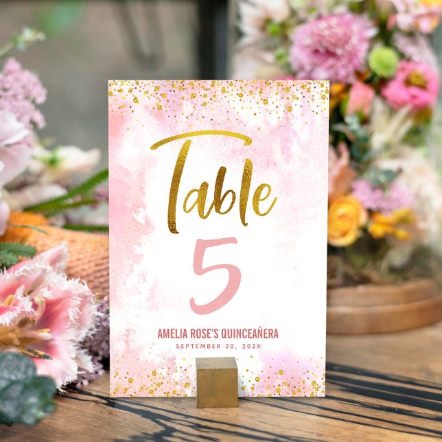 Numéro De Table Quinceañera Blush Pink Aquarelle or Parties scinti (Créateur téléchargé)
