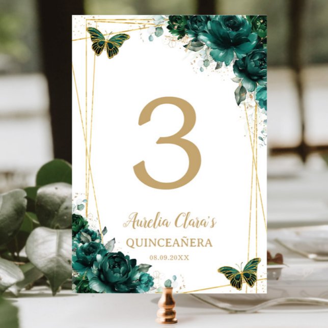 Numéro De Table Quinceañera Emerald Green Floral Gold Butterflies (Créateur téléchargé)