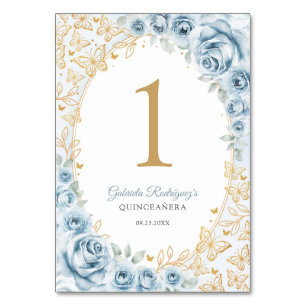 Numéro De Table Quinceanera Fleur Bleu Pâle Or