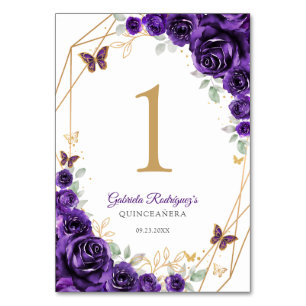Numéro De Table Quinceanera Fleur Or Dorée Violette