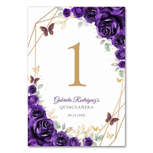 Numéro De Table Quinceanera Fleur Or Dorée Violette (Par défaut)