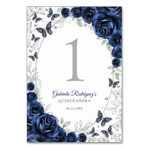 Numéro De Table Quinceanera Fleurie Argent Navy