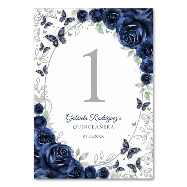 Numéro De Table Quinceanera Fleurie Argent Navy (Par défaut)