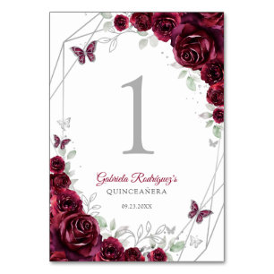 Numéro De Table Quinceanera Fleurs Argent Bourgogne
