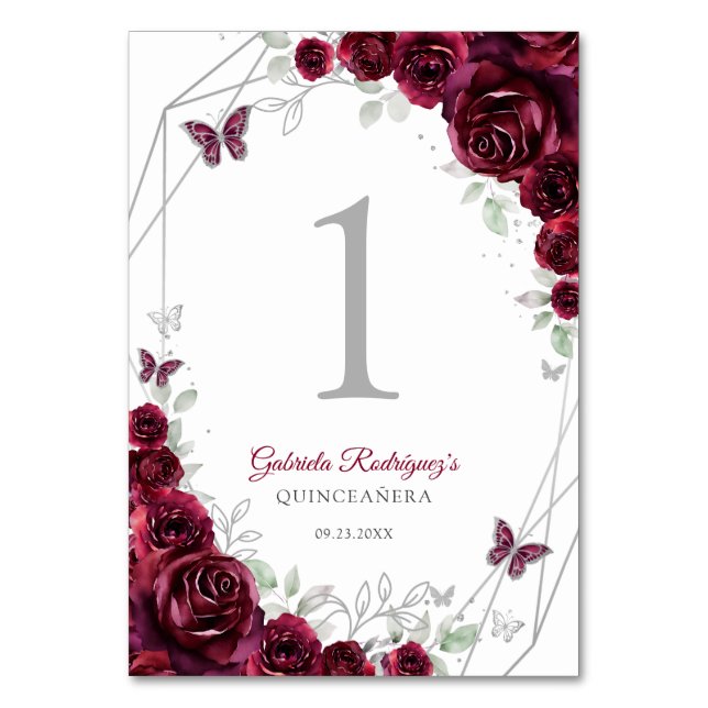 Numéro De Table Quinceanera Fleurs Argent Bourgogne (Par défaut)