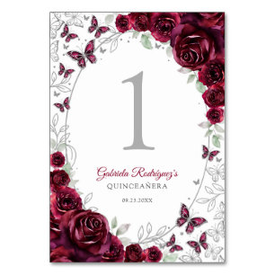 Numéro De Table Quinceanera Fleurs Argent Bourgogne