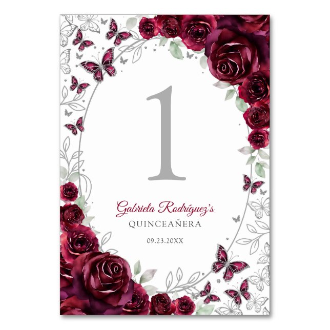 Numéro De Table Quinceanera Fleurs Argent Bourgogne (Par défaut)