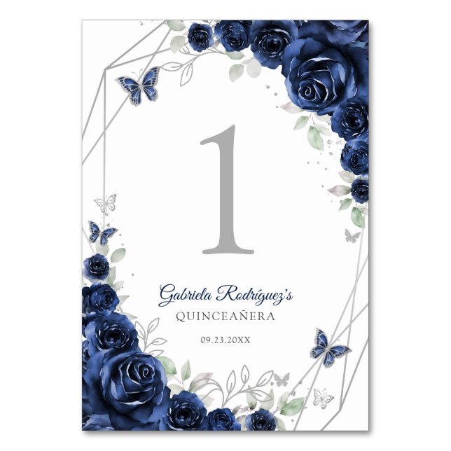 Numéro De Table Quinceanera Fleurs Argent Navy (Par défaut)