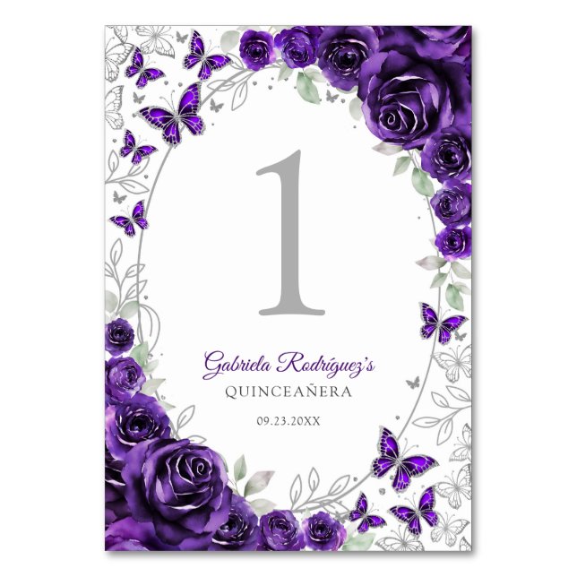 Numéro De Table Quinceanera Fleurs Violet Argent (Par défaut)