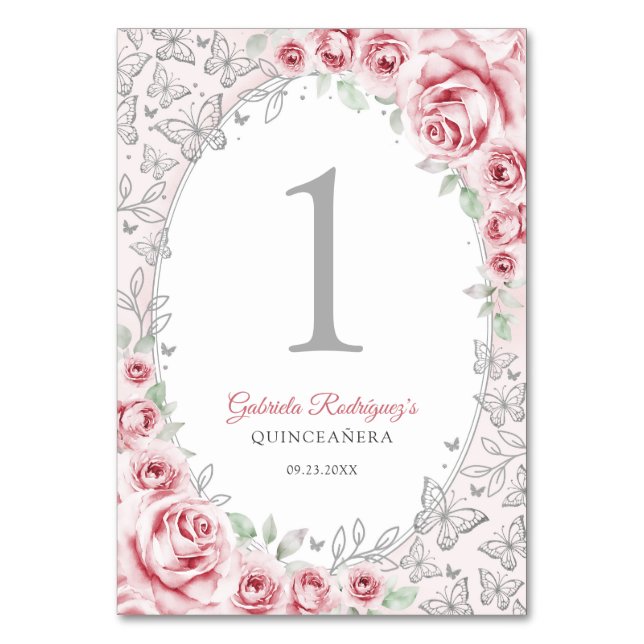 Numéro De Table Quinceanera Floral Argent Rose (Par défaut)