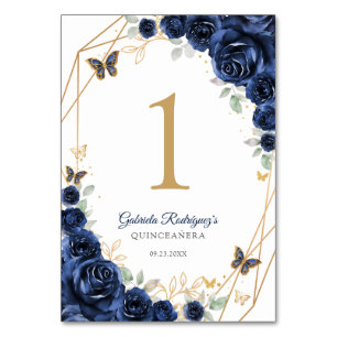 Numéro De Table Quinceanera Floral Or Navy et Or