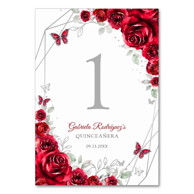 Numéro De Table Quinceanera Florale Argent Rouge (Par défaut)