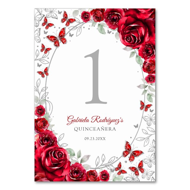 Numéro De Table Quinceanera Florale Argent Rouge (Par défaut)