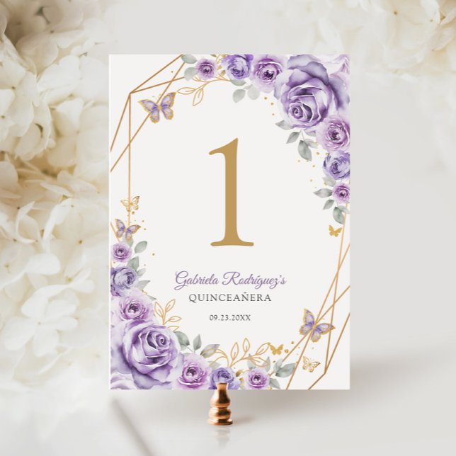 Numéro De Table Quinceanera Florale d'or violet Lilac (Créateur téléchargé)