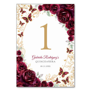 Numéro De Table Quinceanera Florale Or Bourgogne