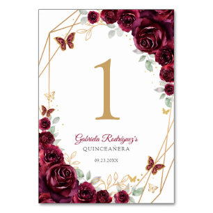 Numéro De Table Quinceanera Florale Or Bourgogne