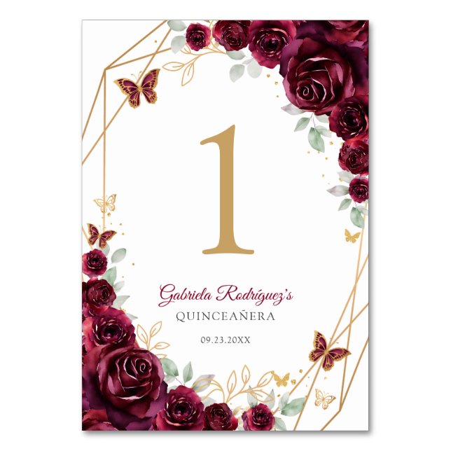 Numéro De Table Quinceanera Florale Or Bourgogne (Par défaut)