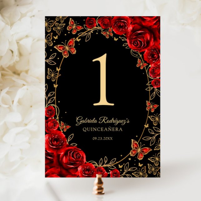 Numéro De Table Quinceañera Noir Rouge Or (Créateur téléchargé)