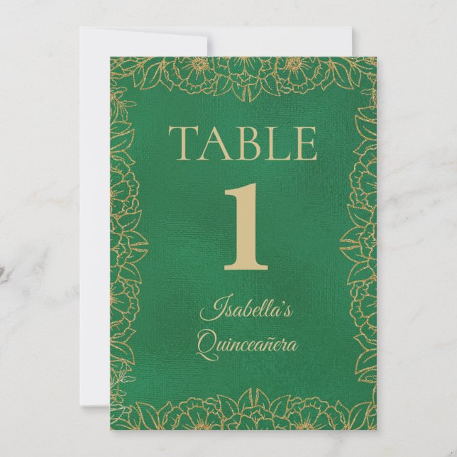 Numéro de table Quinceanera or vert émeraude et or (Devant)