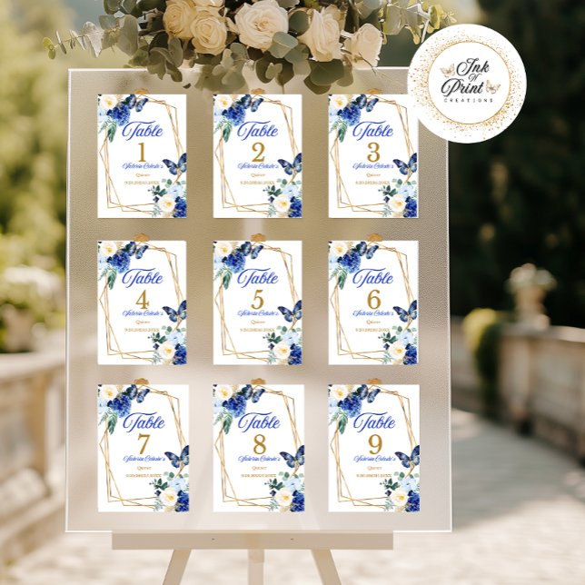 Numéro de table Quinceañera Papillon Or Bleu Royal (Créateur téléchargé)