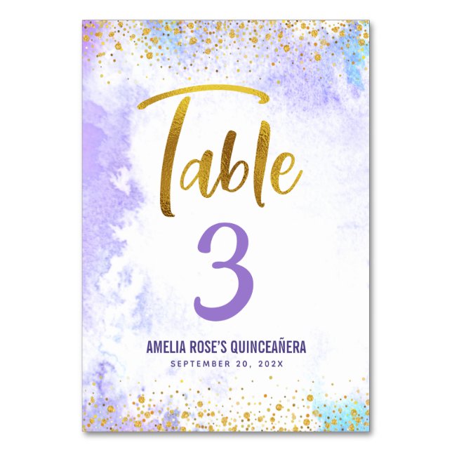 Numéro De Table Quinceañera Purple Aquarelle Or Parties scintillan (Par défaut)