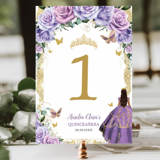 Numéro De Table Quinceañera Purple Lilac Floral Gold Robe fille (Créateur téléchargé)